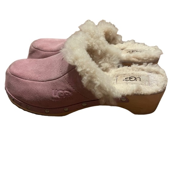 Ugg Kalie pink suede Sherpa lined studded wooden clogs - Picture 1 of 8
